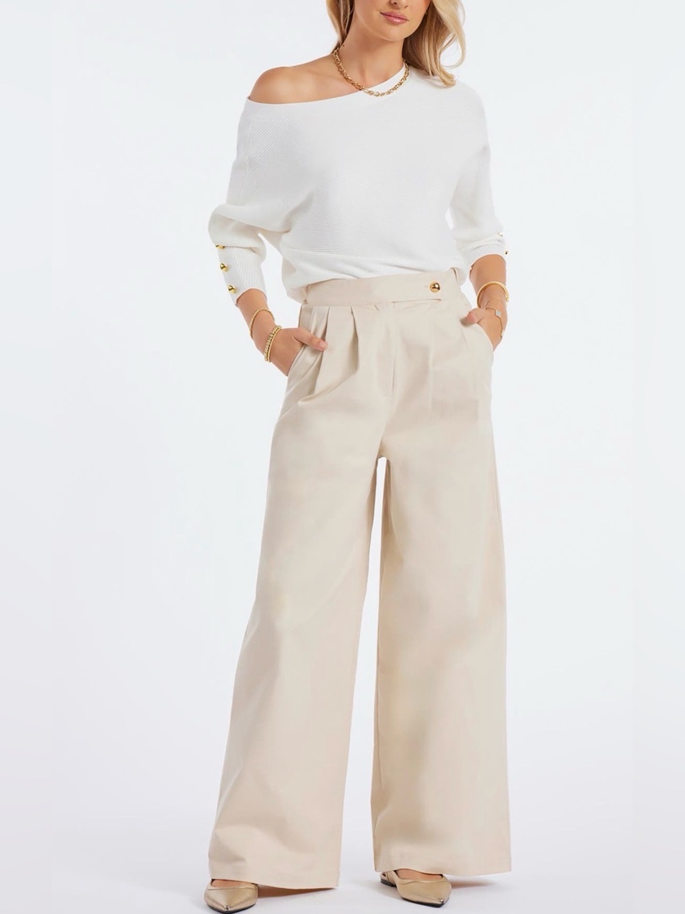 NWT Bishop + Young Alessandro Cream Beige Wide Leg Trouser Pants Size M